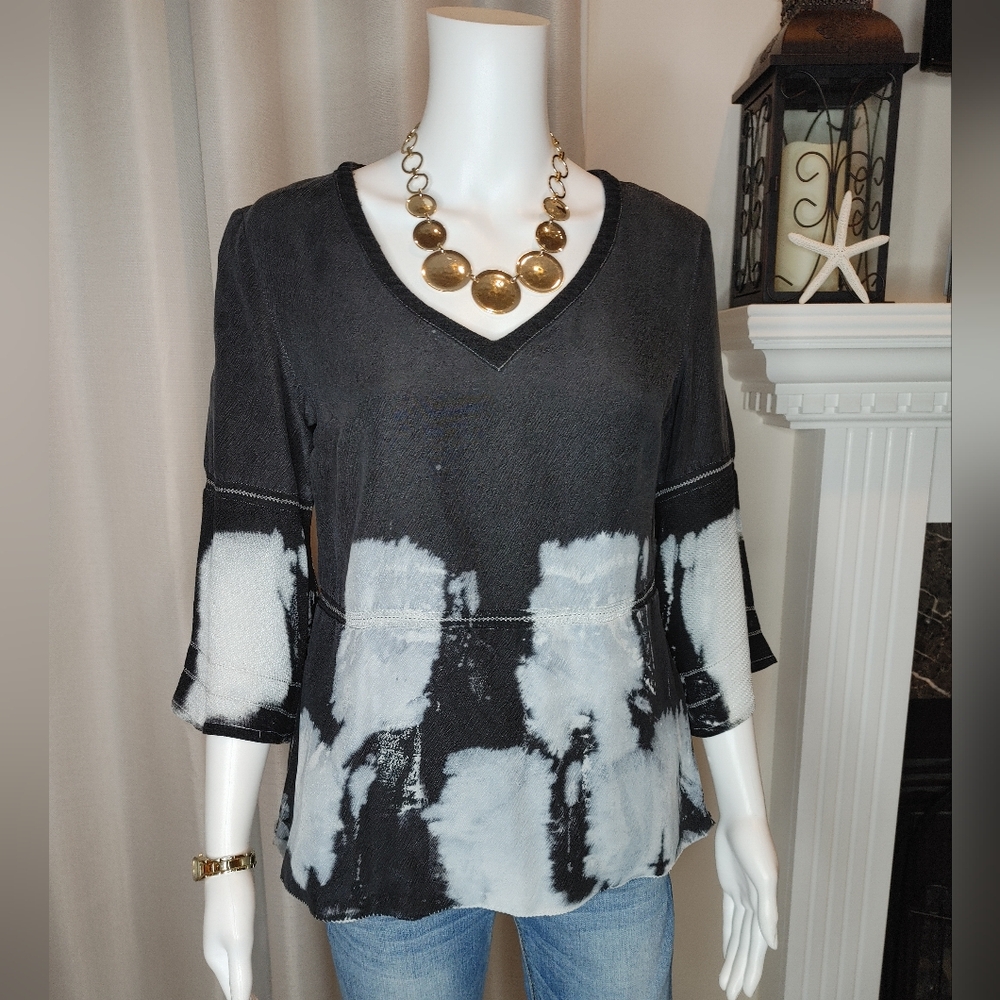 STELLA & JAMIE BELL SLEEVE TOP WITH POCKETS, BLACK TYE DIE XS